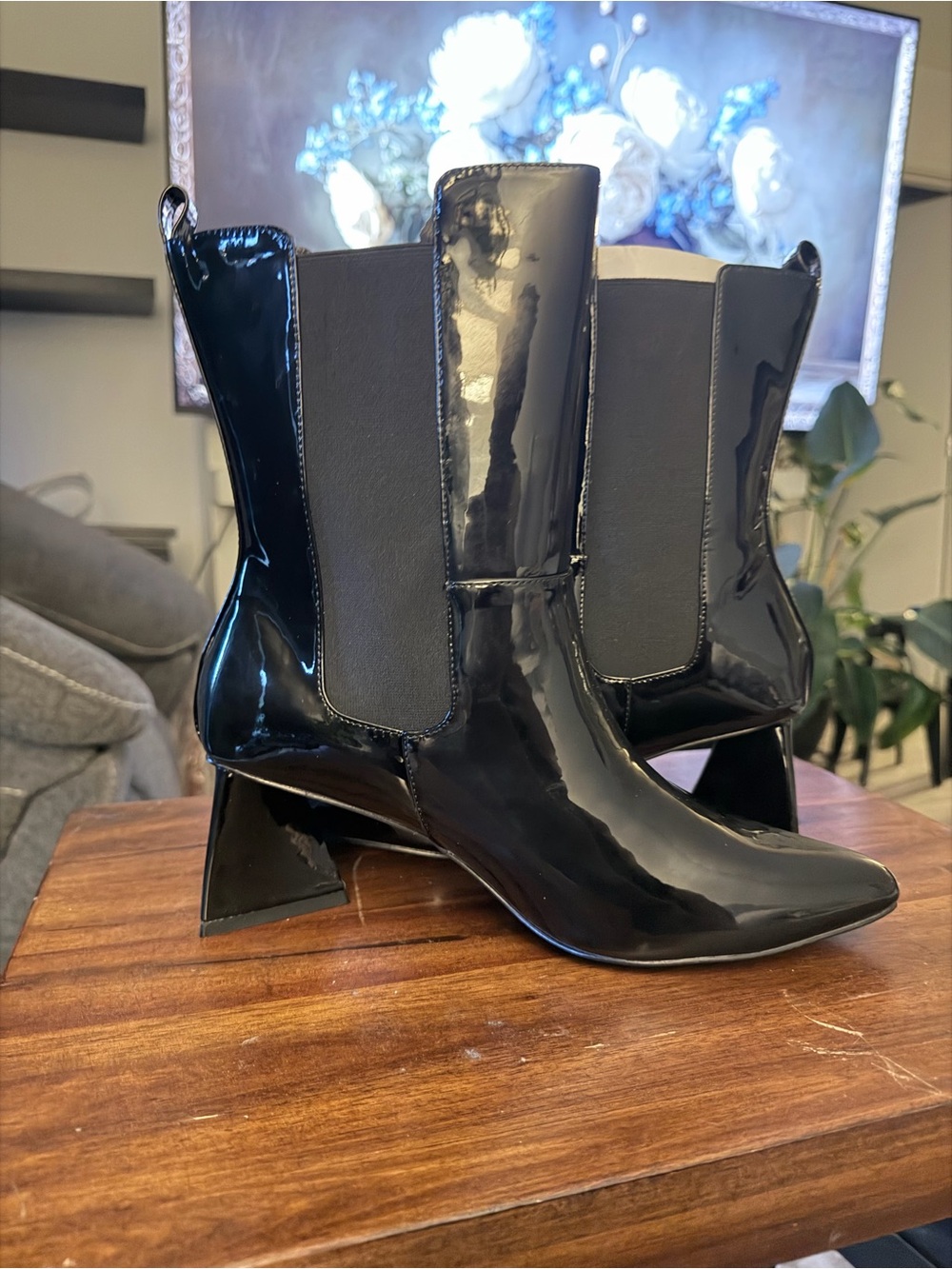 Women's Black Patent Mid-Calf Chelsea Boots
